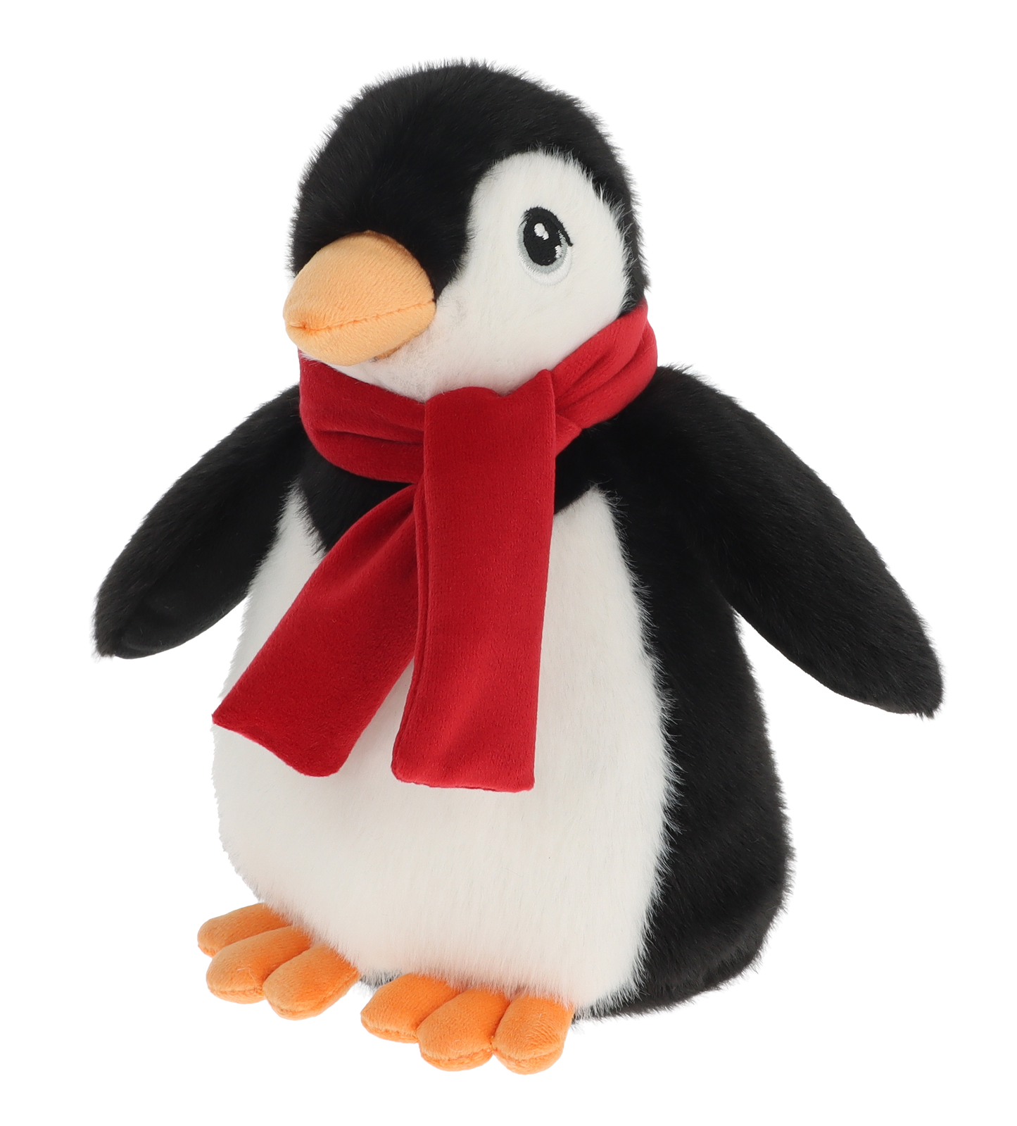 Kerst pinguïn knuffel - Deze knuffel pinguïn is zwart-wit van kleur met een zachte pluche textuur. De pinguïn heeft een witte buik en gezicht, zwarte vleugels en rug, en is voorzien van grote, expressieve donkere ogen. Om zijn nek draagt hij een opvallende, helderrode sjaal. Zijn snavel en voeten zijn oranjegekleurd. - Snelwenskaart