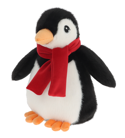 Kerst pinguïn knuffel - Deze knuffel pinguïn is zwart-wit van kleur met een zachte pluche textuur. De pinguïn heeft een witte buik en gezicht, zwarte vleugels en rug, en is voorzien van grote, expressieve donkere ogen. Om zijn nek draagt hij een opvallende, helderrode sjaal. Zijn snavel en voeten zijn oranjegekleurd. - Snelwenskaart