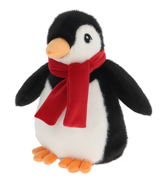 Kerst pinguïn knuffel - Deze knuffel pinguïn is zwart-wit van kleur met een zachte pluche textuur. De pinguïn heeft een witte buik en gezicht, zwarte vleugels en rug, en is voorzien van grote, expressieve donkere ogen. Om zijn nek draagt hij een opvallende, helderrode sjaal. Zijn snavel en voeten zijn oranjegekleurd. - Snelwenskaart