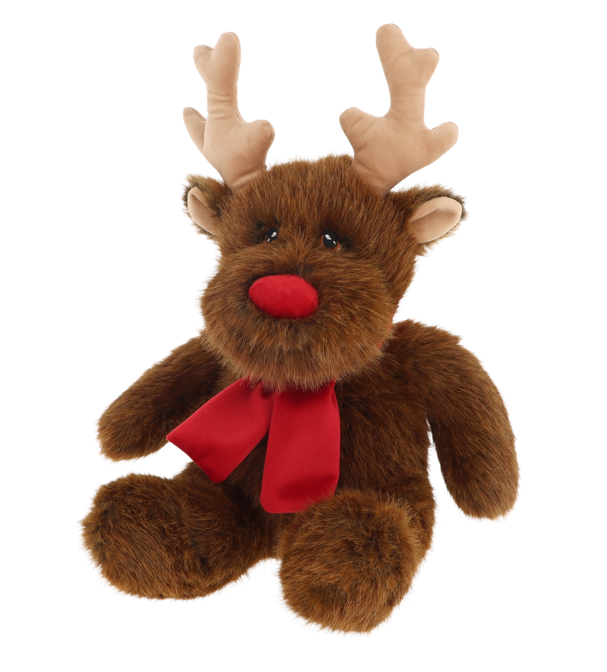Kerst rendier knuffel - Deze knuffel rendier heeft een zachte, donkerbruine pluche vacht en zit in een rechtopgaande houding. Het rendier is voorzien van grote, fluwelen beigekleurige geweiën op zijn hoofd, kleine oren aan de zijkant, donkere kraalogen en een opvallende, grote rode neus. Om zijn nek draagt hij een helderrode sjaal. - Snelwenskaart