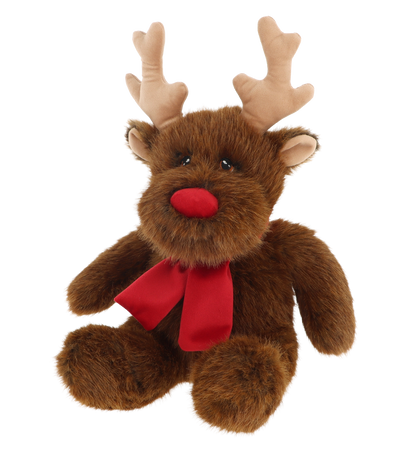 Kerst rendier knuffel - Deze knuffel rendier heeft een zachte, donkerbruine pluche vacht en zit in een rechtopgaande houding. Het rendier is voorzien van grote, fluwelen beigekleurige geweiën op zijn hoofd, kleine oren aan de zijkant, donkere kraalogen en een opvallende, grote rode neus. Om zijn nek draagt hij een helderrode sjaal. - Snelwenskaart