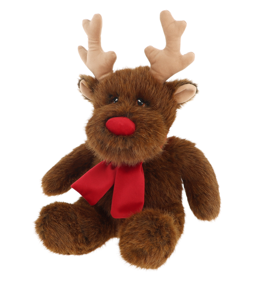 Kerst rendier knuffel - Deze knuffel rendier heeft een zachte, donkerbruine pluche vacht en zit in een rechtopgaande houding. Het rendier is voorzien van grote, fluwelen beigekleurige geweiën op zijn hoofd, kleine oren aan de zijkant, donkere kraalogen en een opvallende, grote rode neus. Om zijn nek draagt hij een helderrode sjaal. - Snelwenskaart