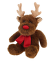 Kerst rendier knuffel - Deze knuffel rendier heeft een zachte, donkerbruine pluche vacht en zit in een rechtopgaande houding. Het rendier is voorzien van grote, fluwelen beigekleurige geweiën op zijn hoofd, kleine oren aan de zijkant, donkere kraalogen en een opvallende, grote rode neus. Om zijn nek draagt hij een helderrode sjaal. - Snelwenskaart
