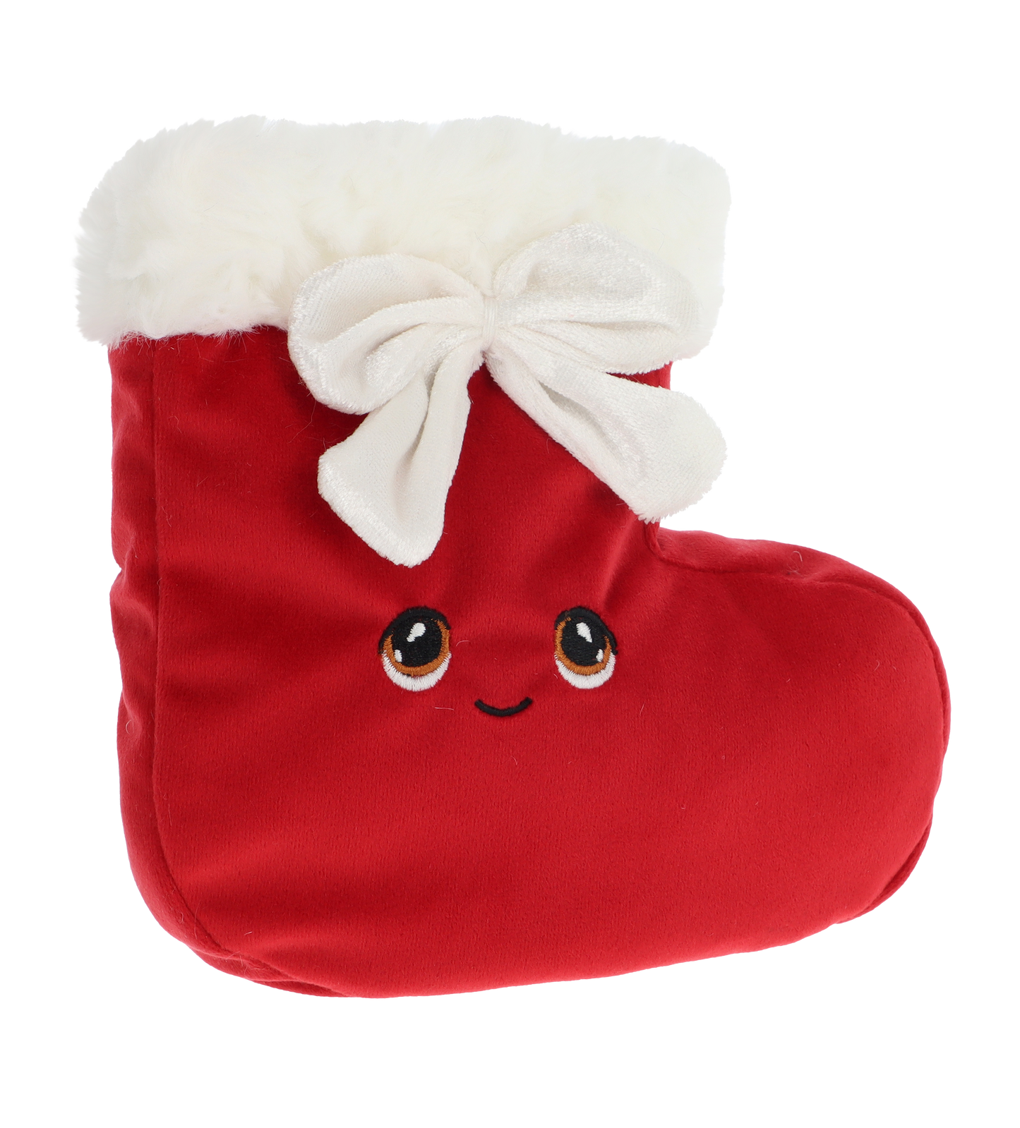 Kerst stocking knuffel - Deze pluche kerstsok is uitgevoerd in een helderrode kleur met een zachte pluche textuur. De bovenrand is voorzien van een dikke, witte pluche pluche rand en een grote witte strik aan de voorzijde. De laars heeft een vrolijk gezichtje met grote, geborduurde bruine ogen en een subtiel geborduurd lachend mondje. - Snelwenskaart