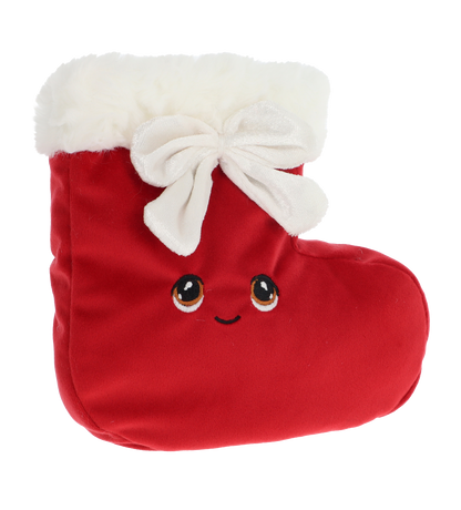 Kerst stocking knuffel - Deze pluche kerstsok is uitgevoerd in een helderrode kleur met een zachte pluche textuur. De bovenrand is voorzien van een dikke, witte pluche pluche rand en een grote witte strik aan de voorzijde. De laars heeft een vrolijk gezichtje met grote, geborduurde bruine ogen en een subtiel geborduurd lachend mondje. - Snelwenskaart