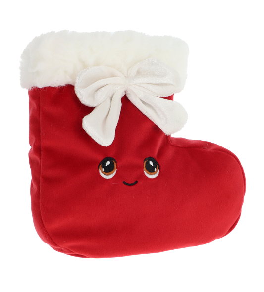 Kerst stocking knuffel - Deze pluche kerstsok is uitgevoerd in een helderrode kleur met een zachte pluche textuur. De bovenrand is voorzien van een dikke, witte pluche pluche rand en een grote witte strik aan de voorzijde. De laars heeft een vrolijk gezichtje met grote, geborduurde bruine ogen en een subtiel geborduurd lachend mondje. - Snelwenskaart