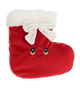 Kerst stocking knuffel - Deze pluche kerstsok is uitgevoerd in een helderrode kleur met een zachte pluche textuur. De bovenrand is voorzien van een dikke, witte pluche pluche rand en een grote witte strik aan de voorzijde. De laars heeft een vrolijk gezichtje met grote, geborduurde bruine ogen en een subtiel geborduurd lachend mondje. - Snelwenskaart