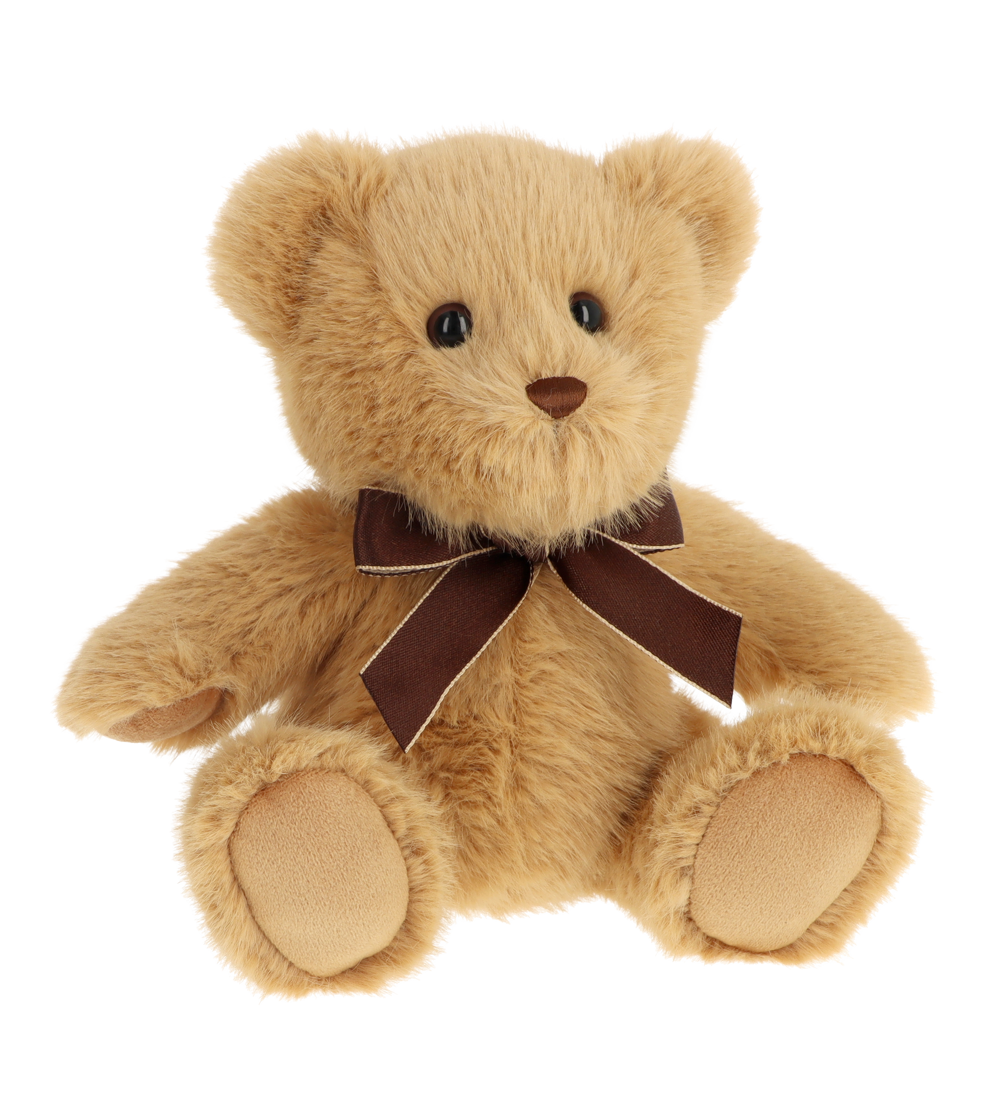 Kerstbeer knuffel - Deze knuffel beer heeft een zachte, lichtbruine pluche vacht en zit in een zittende houding. De beer heeft ronde oren, donkere kraalogen, een klein bruin neusje en zachte, platte voetzolen in een iets lichtere kleur. Om zijn nek draagt hij een elegante, donkerbruine strik van satijnlint. - Snelwenskaart