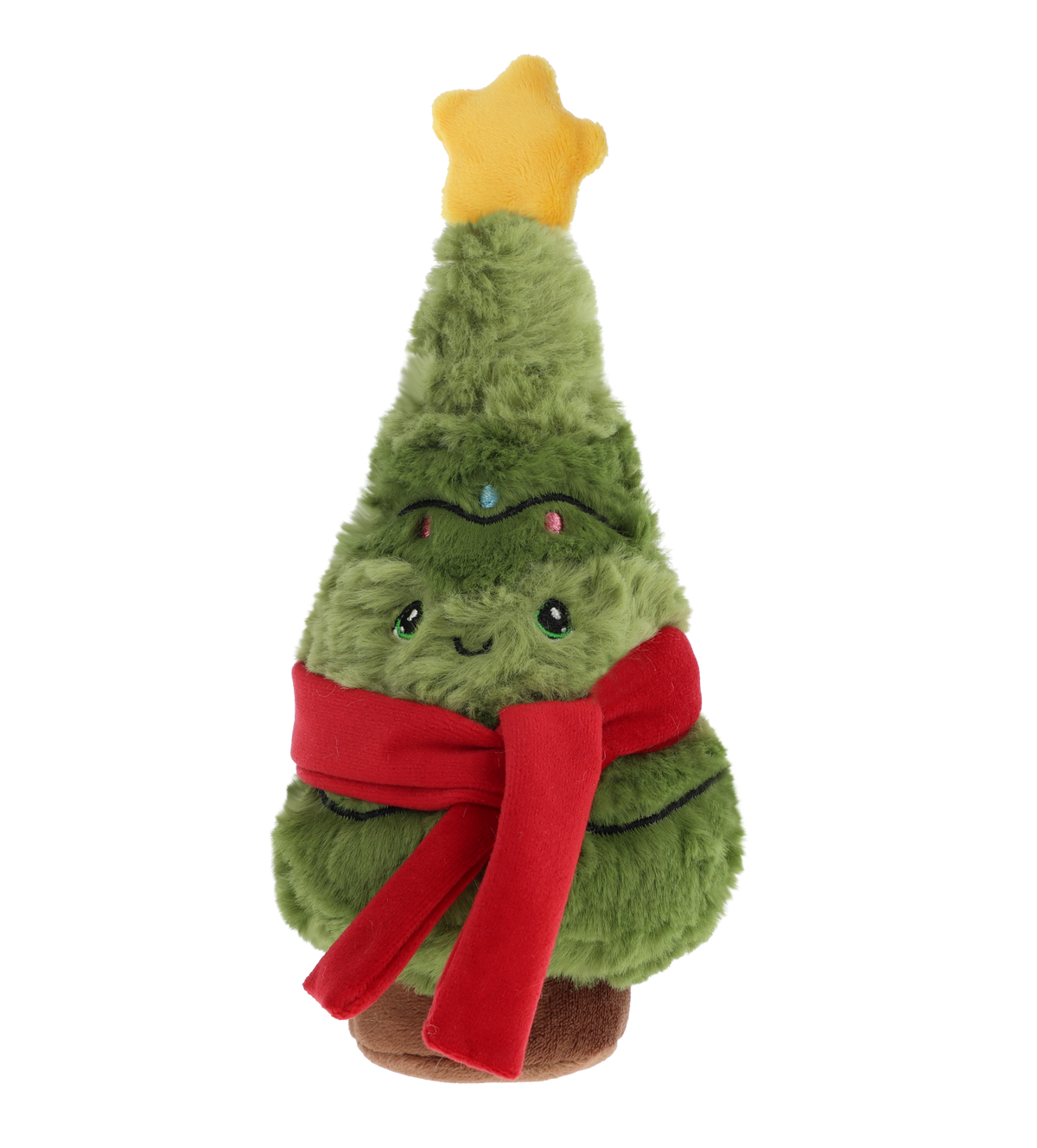 Kerstboom knuffel - Deze pluche kerstboom heeft een zachte, groene pluche textuur en staat op een bruine stam. De kerstboom is versierd met een gele ster bovenop, een opvallende helderrode sjaal om zijn midden, en is voorzien van een vrolijk gezichtje met geborduurde donkere ogen en een subtiel lachend mondje. - Snelwenskaart