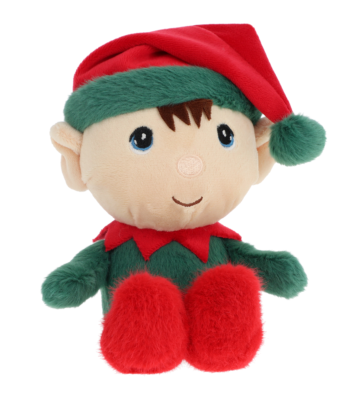 Kerstelf knuffel - Deze knuffel elf heeft een zachte pluche textuur en zit in een zittende houding. Het elfje is gekleed in een groen pak met een rode kraag, rode voeten en draagt een rode elfmuts met een groene pluche rand en een bijpassende pompon. Het gezicht heeft geborduurde donkere ogen met blauwe accenten, bruine haarlokken op het voorhoofd, een subtiel neusje en een vriendelijk lachend mondje. - Snelwenskaart