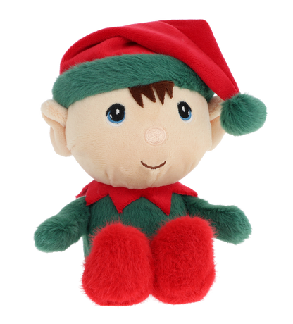Kerstelf knuffel - Deze knuffel elf heeft een zachte pluche textuur en zit in een zittende houding. Het elfje is gekleed in een groen pak met een rode kraag, rode voeten en draagt een rode elfmuts met een groene pluche rand en een bijpassende pompon. Het gezicht heeft geborduurde donkere ogen met blauwe accenten, bruine haarlokken op het voorhoofd, een subtiel neusje en een vriendelijk lachend mondje. - Snelwenskaart