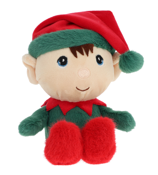 Kerstelf knuffel - Deze knuffel elf heeft een zachte pluche textuur en zit in een zittende houding. Het elfje is gekleed in een groen pak met een rode kraag, rode voeten en draagt een rode elfmuts met een groene pluche rand en een bijpassende pompon. Het gezicht heeft geborduurde donkere ogen met blauwe accenten, bruine haarlokken op het voorhoofd, een subtiel neusje en een vriendelijk lachend mondje. - Snelwenskaart