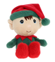 Kerstelf knuffel - Deze knuffel elf heeft een zachte pluche textuur en zit in een zittende houding. Het elfje is gekleed in een groen pak met een rode kraag, rode voeten en draagt een rode elfmuts met een groene pluche rand en een bijpassende pompon. Het gezicht heeft geborduurde donkere ogen met blauwe accenten, bruine haarlokken op het voorhoofd, een subtiel neusje en een vriendelijk lachend mondje. - Snelwenskaart