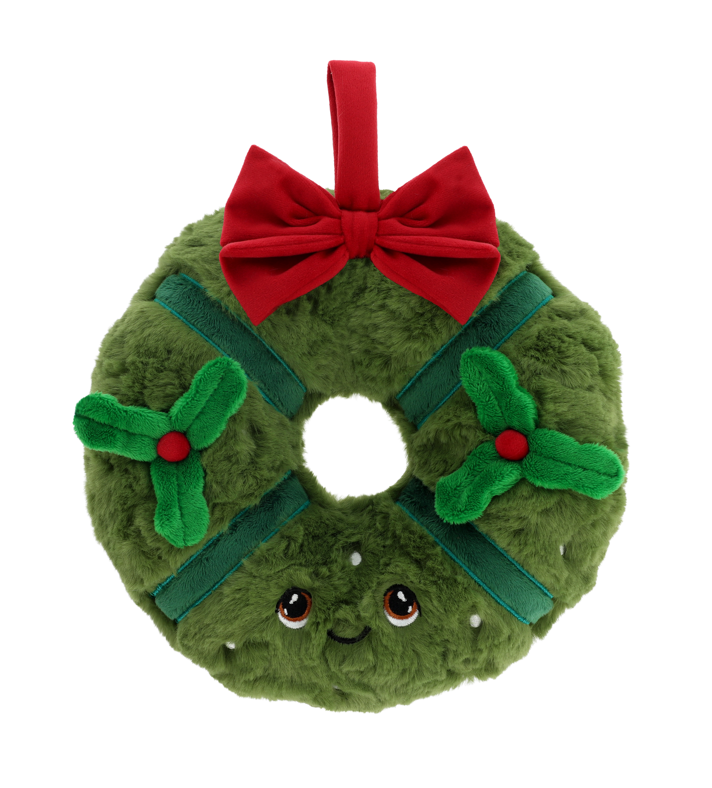 Kerstkrans knuffel - Deze pluche kerstkrans heeft een ronde, ringvormige basis van zacht groen pluche, versierd met donkergroene linten en twee opgestikte hulstbladeren met rode besjes aan de zijkanten. Bovenaan bevindt zich een grote rode strik met een ophanglus. De krans heeft een vrolijk gezichtje met grote, geborduurde bruine ogen, een subtiel lachend mondje en kleine witte accenten die op sneeuwvlokjes lijken. - Snelwenskaart