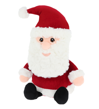 Kerstman knuffel - Deze knuffel kerstman heeft een zachte pluche textuur en zit in een zittende houding. De kerstman is gekleed in een traditioneel rood-wit kerstpak met witte pluche randen aan zijn mouwen en muts, en draagt zwarte laarsjes. Zijn gezicht is voorzien van een volle witte baard en snor, een ronde neus, donkere ogen en een vriendelijke glimlach, bekroond met een rode kerstmuts met een witte pompon. - Snelwenskaart