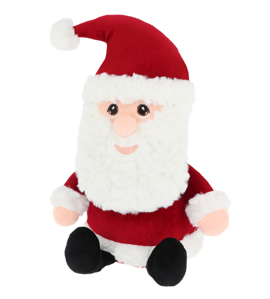 Kerstman knuffel - Deze knuffel kerstman heeft een zachte pluche textuur en zit in een zittende houding. De kerstman is gekleed in een traditioneel rood-wit kerstpak met witte pluche randen aan zijn mouwen en muts, en draagt zwarte laarsjes. Zijn gezicht is voorzien van een volle witte baard en snor, een ronde neus, donkere ogen en een vriendelijke glimlach, bekroond met een rode kerstmuts met een witte pompon. - Snelwenskaart
