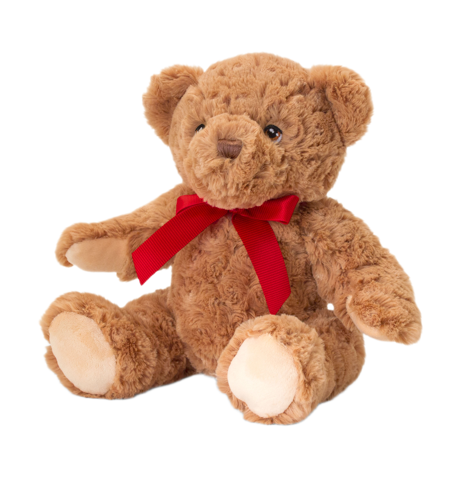 Knuffel Teddybeer - Deze knuffel beer heeft een zachte, bruine pluche vacht met een gekrulde structuur en zit in een zittende houding. De beer is voorzien van een opvallende rode strik om zijn nek, donkere ogen, een zachte snuit, ronde oren en lichte voetzolen. - Snelwenskaart
