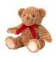 Knuffel Teddybeer - Deze knuffel beer heeft een zachte, bruine pluche vacht met een gekrulde structuur en zit in een zittende houding. De beer is voorzien van een opvallende rode strik om zijn nek, donkere ogen, een zachte snuit, ronde oren en lichte voetzolen. - Snelwenskaart