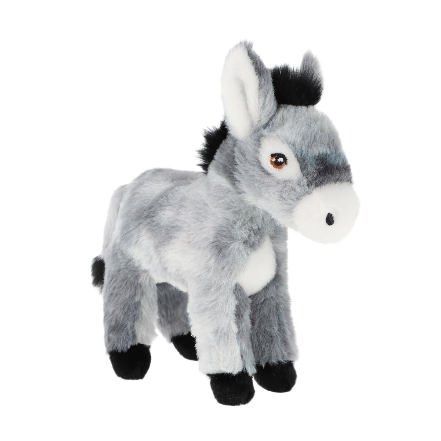 Knuffel ezel - Deze knuffel ezel heeft een zachte, grijze pluche vacht en staat in een staande houding. De ezel is voorzien van lange oren, een witte snuit met een donker neusje, donkere ogen en zwarte hoeven aan zijn poten. Op zijn rug en hoofd loopt een donkere manenpartij. - Snelwenskaart