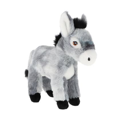 Knuffel ezel - Deze knuffel ezel heeft een zachte, grijze pluche vacht en staat in een staande houding. De ezel is voorzien van lange oren, een witte snuit met een donker neusje, donkere ogen en zwarte hoeven aan zijn poten. Op zijn rug en hoofd loopt een donkere manenpartij. - Snelwenskaart