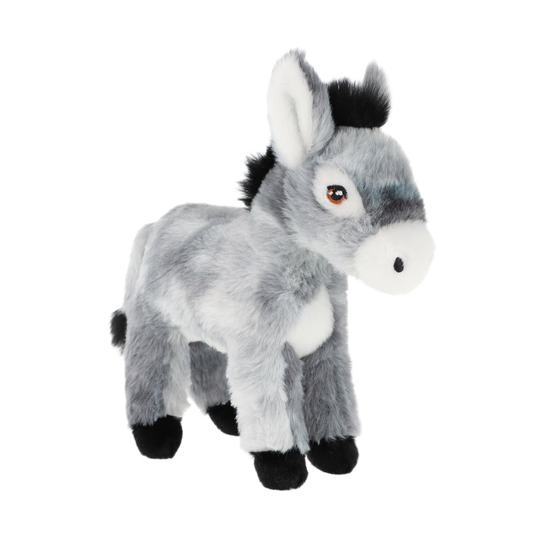 Knuffel ezel - Deze knuffel ezel heeft een zachte, grijze pluche vacht en staat in een staande houding. De ezel is voorzien van lange oren, een witte snuit met een donker neusje, donkere ogen en zwarte hoeven aan zijn poten. Op zijn rug en hoofd loopt een donkere manenpartij. - Snelwenskaart