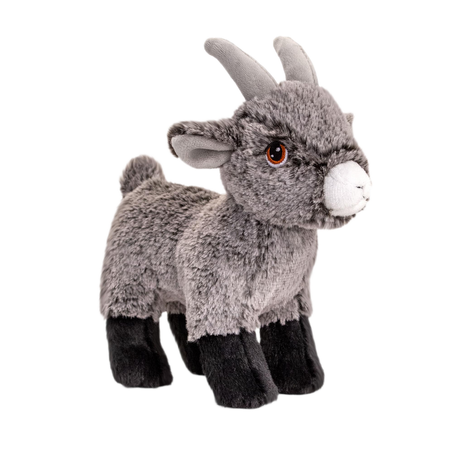 Knuffel geit - Deze knuffel geit heeft een zachte, grijsgemêleerde pluche vacht en staat in een staande houding. De geit is voorzien van twee kleine, rechte hoorns, hangende oren, bruine ogen met een opvallende rand, een witte snuit en zwarte poten. - Snelwenskaart
