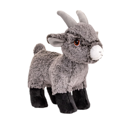 Knuffel geit - Deze knuffel geit heeft een zachte, grijsgemêleerde pluche vacht en staat in een staande houding. De geit is voorzien van twee kleine, rechte hoorns, hangende oren, bruine ogen met een opvallende rand, een witte snuit en zwarte poten. - Snelwenskaart