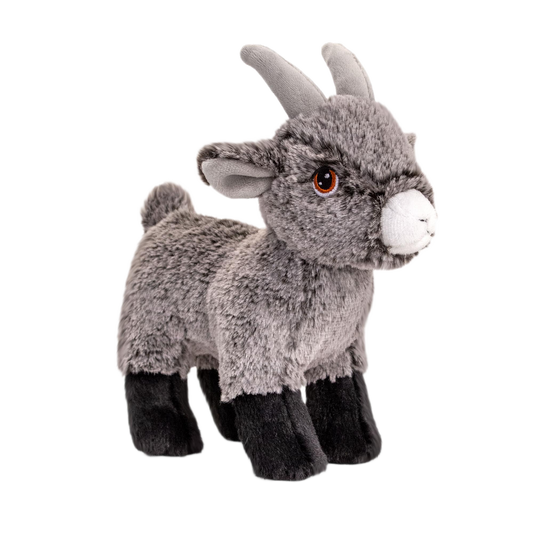 Knuffel geit - Deze knuffel geit heeft een zachte, grijsgemêleerde pluche vacht en staat in een staande houding. De geit is voorzien van twee kleine, rechte hoorns, hangende oren, bruine ogen met een opvallende rand, een witte snuit en zwarte poten. - Snelwenskaart