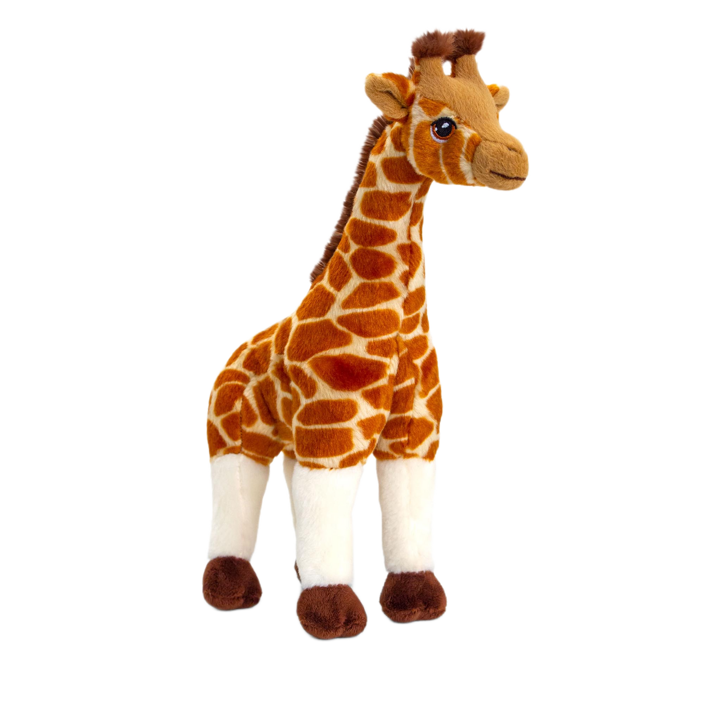 Knuffel giraffe - Deze knuffel giraf heeft een zachte pluche vacht met het kenmerkende bruine vlekkenpatroon en staat in een staande houding. De giraf is voorzien van kleine hoorntjes op zijn hoofd, opstaande oren, donkere ogen, een lange nek en witte poten met bruine hoeven. - Snelwenskaart