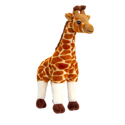 Knuffel giraffe - Deze knuffel giraf heeft een zachte pluche vacht met het kenmerkende bruine vlekkenpatroon en staat in een staande houding. De giraf is voorzien van kleine hoorntjes op zijn hoofd, opstaande oren, donkere ogen, een lange nek en witte poten met bruine hoeven. - Snelwenskaart