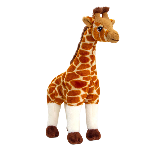 Knuffel giraffe - Deze knuffel giraf heeft een zachte pluche vacht met het kenmerkende bruine vlekkenpatroon en staat in een staande houding. De giraf is voorzien van kleine hoorntjes op zijn hoofd, opstaande oren, donkere ogen, een lange nek en witte poten met bruine hoeven. - Snelwenskaart