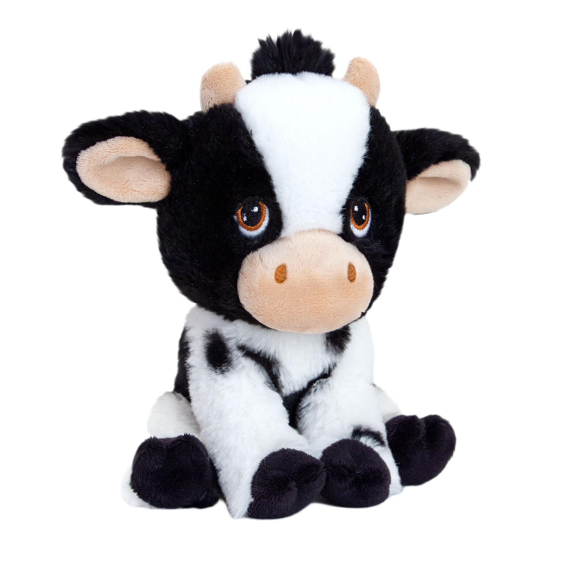 Knuffel koe - Deze knuffel koe heeft een zachte pluche vacht met het kenmerkende zwart-witte vlekkenpatroon en zit in een zittende houding. De koe is voorzien van kleine hoorntjes, grote opstaande oren met een lichte binnenkant, donkere ogen met een opvallende rand, een lichte snuit met neusgaten en zwarte hoeven aan haar poten. Op haar hoofd bevindt zich een opvallend plukje haar. - Snelwenskaart
