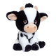 Knuffel koe - Deze knuffel koe heeft een zachte pluche vacht met het kenmerkende zwart-witte vlekkenpatroon en zit in een zittende houding. De koe is voorzien van kleine hoorntjes, grote opstaande oren met een lichte binnenkant, donkere ogen met een opvallende rand, een lichte snuit met neusgaten en zwarte hoeven aan haar poten. Op haar hoofd bevindt zich een opvallend plukje haar. - Snelwenskaart