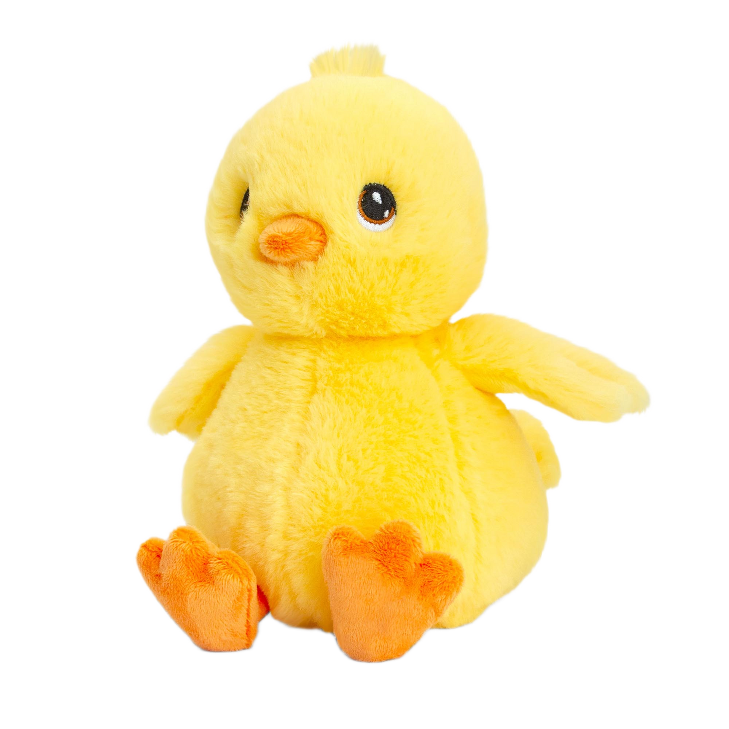 Knuffel kuiken - Deze knuffel kuiken heeft een zachte, heldergele pluche vacht en zit in een zittende houding. Het kuiken is voorzien van een klein plukje haar op zijn hoofd, donkere ogen met een lichte rand, een klein oranje snaveltje en opvallende oranje zwemvliezen als pootjes. - Snelwenskaart