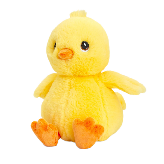 Knuffel kuiken - Deze knuffel kuiken heeft een zachte, heldergele pluche vacht en zit in een zittende houding. Het kuiken is voorzien van een klein plukje haar op zijn hoofd, donkere ogen met een lichte rand, een klein oranje snaveltje en opvallende oranje zwemvliezen als pootjes. - Snelwenskaart