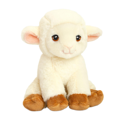 Knuffel lammetje - Deze knuffel lam heeft een zachte, crèmekleurige pluche vacht en zit in een zittende houding. Het lam is voorzien van hangende oren met een roze binnenkant, grote donkere ogen met een bruine rand, een subtiel geborduurd mondje en bruine voetjes. - Snelwenskaart