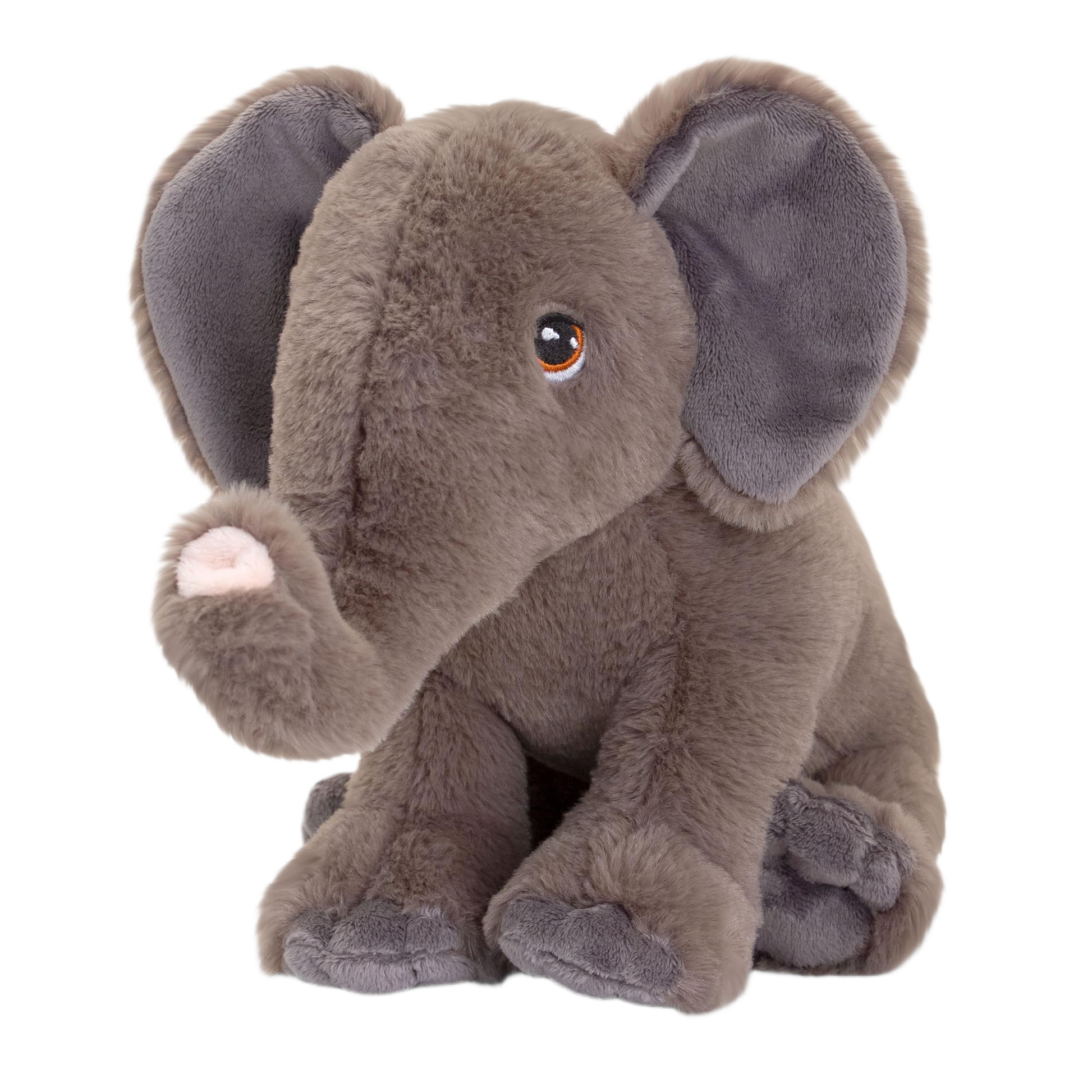 Knuffel olifant - Deze knuffel olifant heeft een zachte, grijsbruine pluche vacht en zit in een zittende houding. De olifant is voorzien van grote, opstaande oren met een grijs accent aan de binnenkant, donkere ogen met een lichte rand, een opkrullende slurf met een roze uiteinde en zachte voetkussentjes. - Snelwenskaart