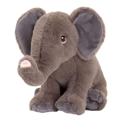 Knuffel olifant - Deze knuffel olifant heeft een zachte, grijsbruine pluche vacht en zit in een zittende houding. De olifant is voorzien van grote, opstaande oren met een grijs accent aan de binnenkant, donkere ogen met een lichte rand, een opkrullende slurf met een roze uiteinde en zachte voetkussentjes. - Snelwenskaart