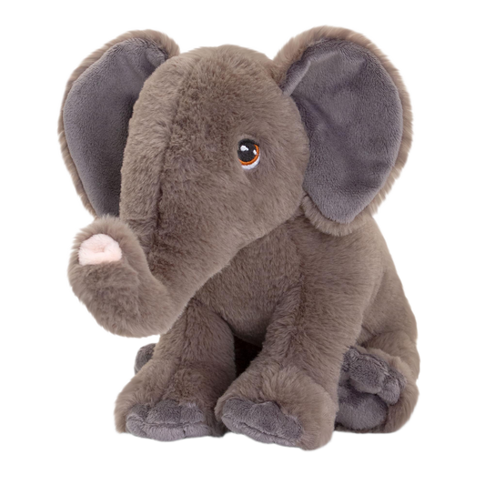 Knuffel olifant - Deze knuffel olifant heeft een zachte, grijsbruine pluche vacht en zit in een zittende houding. De olifant is voorzien van grote, opstaande oren met een grijs accent aan de binnenkant, donkere ogen met een lichte rand, een opkrullende slurf met een roze uiteinde en zachte voetkussentjes. - Snelwenskaart