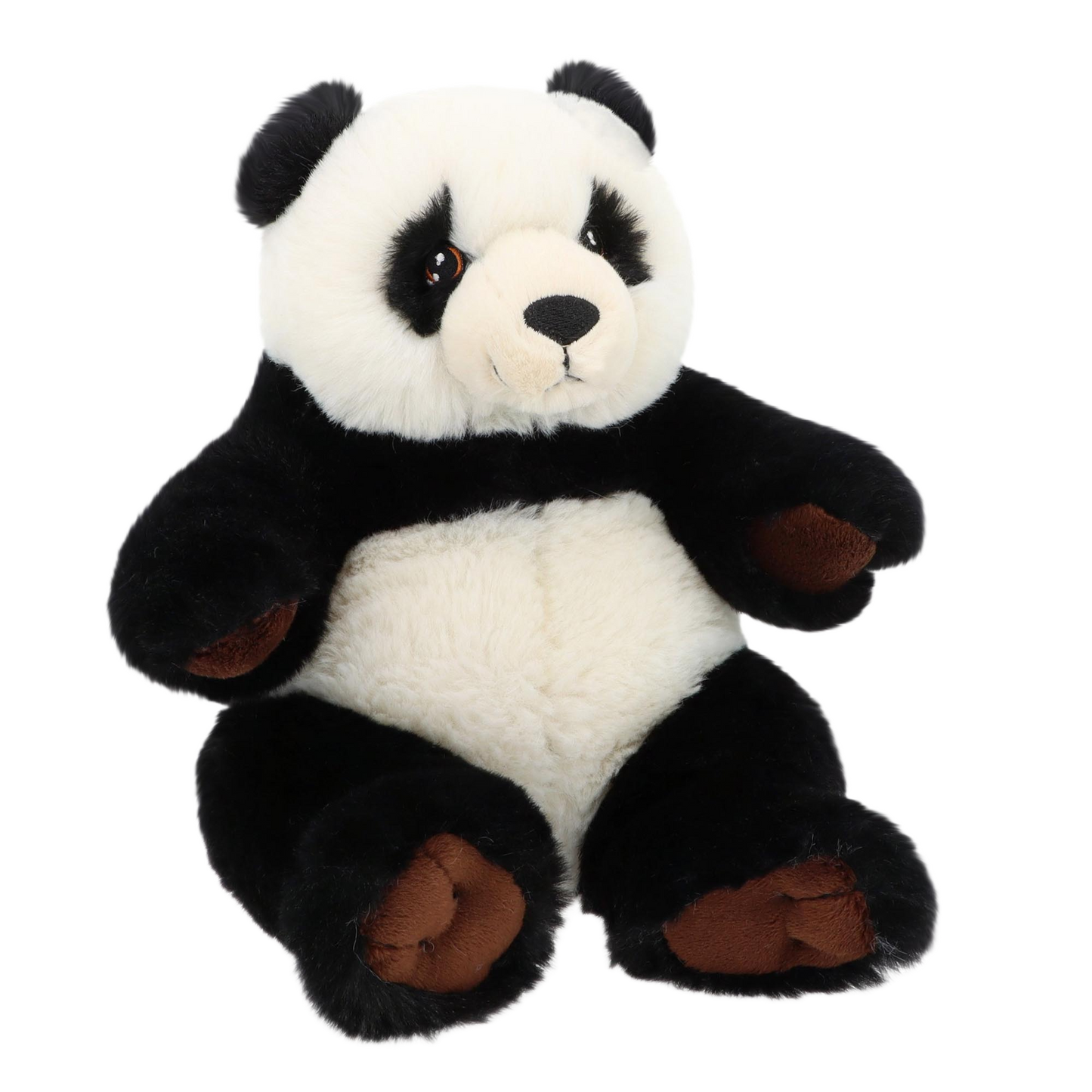 Knuffel panda - Deze knuffel panda heeft een zachte pluche vacht met het kenmerkende zwart-witte patroon en zit in een zittende houding. De panda is voorzien van zwarte oren, donkere vlekken rond de ogen, een zwarte neus, een witte buik en bruine accenten op de voeten en handen. - Snelwenskaart