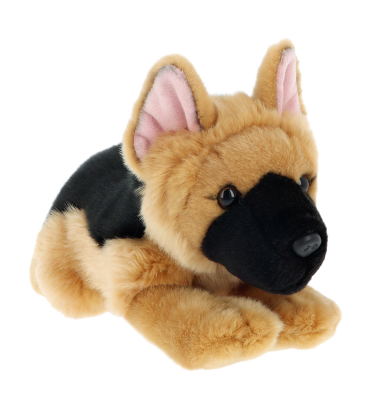 Knuffel puppy Duitse herder - Deze knuffel herdershond heeft een zachte, bruin-zwarte pluche vacht en ligt in een liggende houding. De hond is voorzien van opstaande oren met een roze binnenkant, een kenmerkend zwart snuitmasker, donkere ogen, een zwarte neus en een zachte pluche structuur. - Snelwenskaart