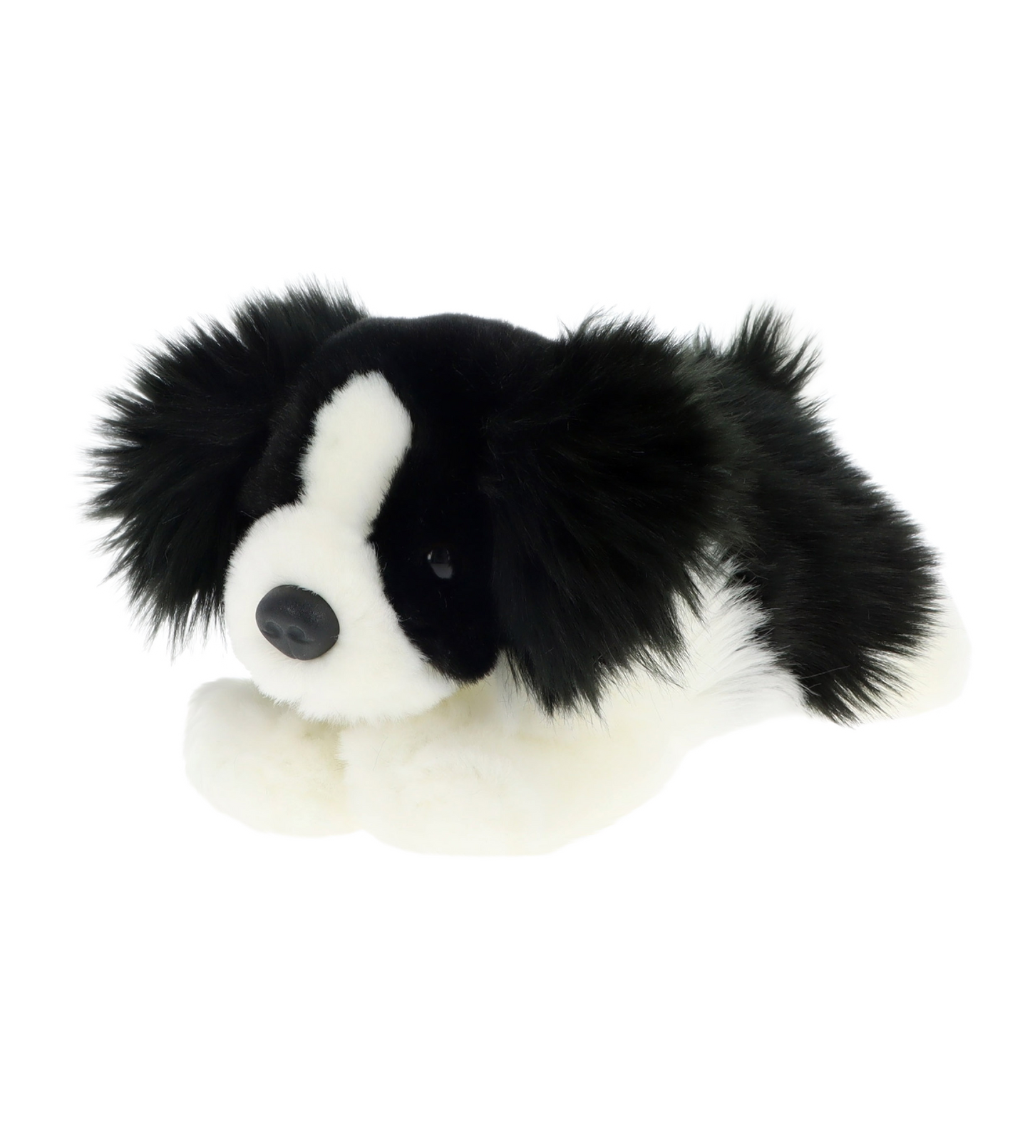 Knuffel puppy border collie - Deze knuffel hond heeft een zachte, pluche vacht met een zwart-wit vlekkenpatroon en ligt in een liggende houding. De hond is voorzien van grote, hangende pluche oren, een zwarte neus, donkere ogen en een witte snuit en borst. - Snelwenskaart