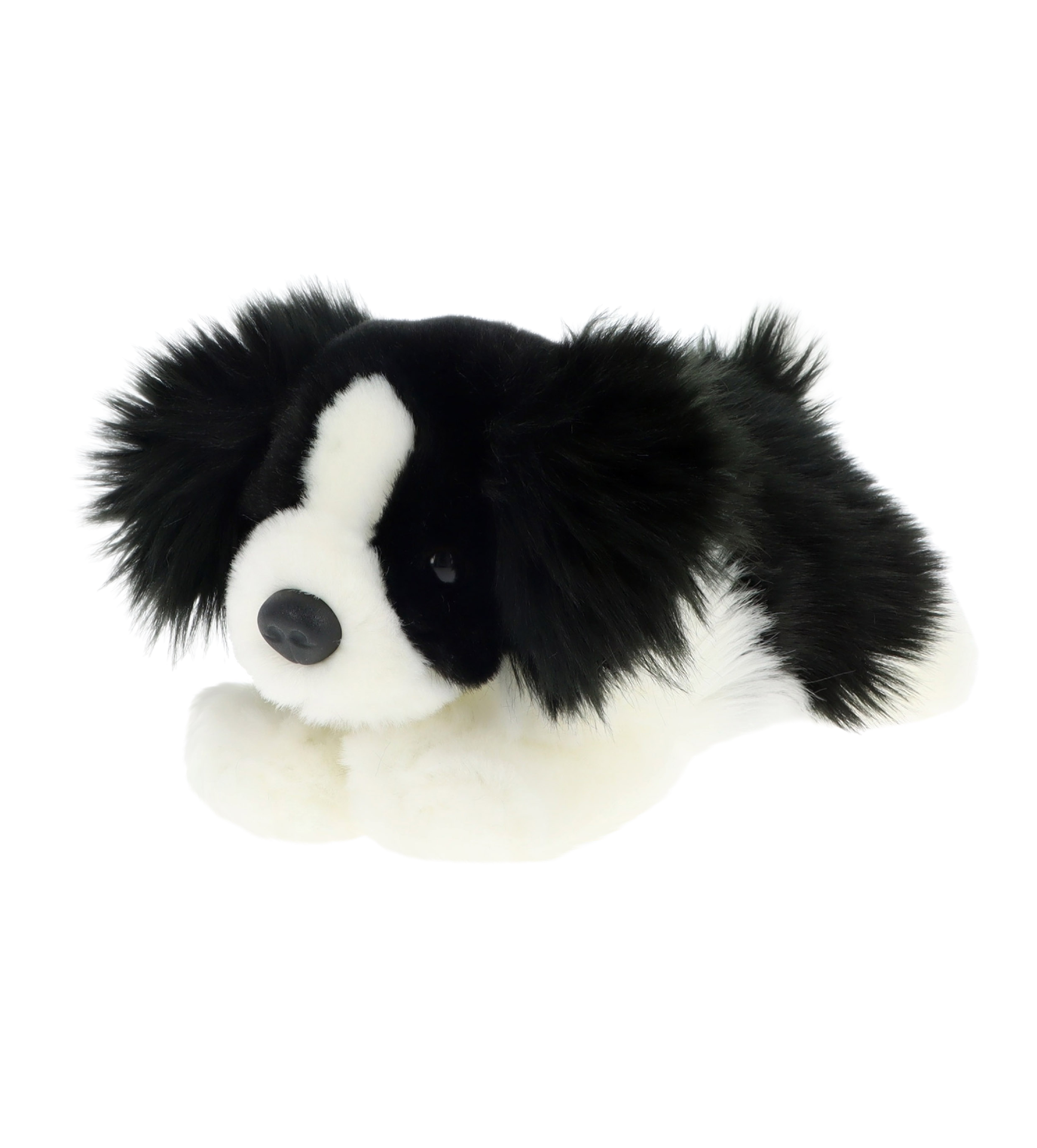 Knuffel puppy border collie - Deze knuffel hond heeft een zachte, pluche vacht met een zwart-wit vlekkenpatroon en ligt in een liggende houding. De hond is voorzien van grote, hangende pluche oren, een zwarte neus, donkere ogen en een witte snuit en borst. - Snelwenskaart