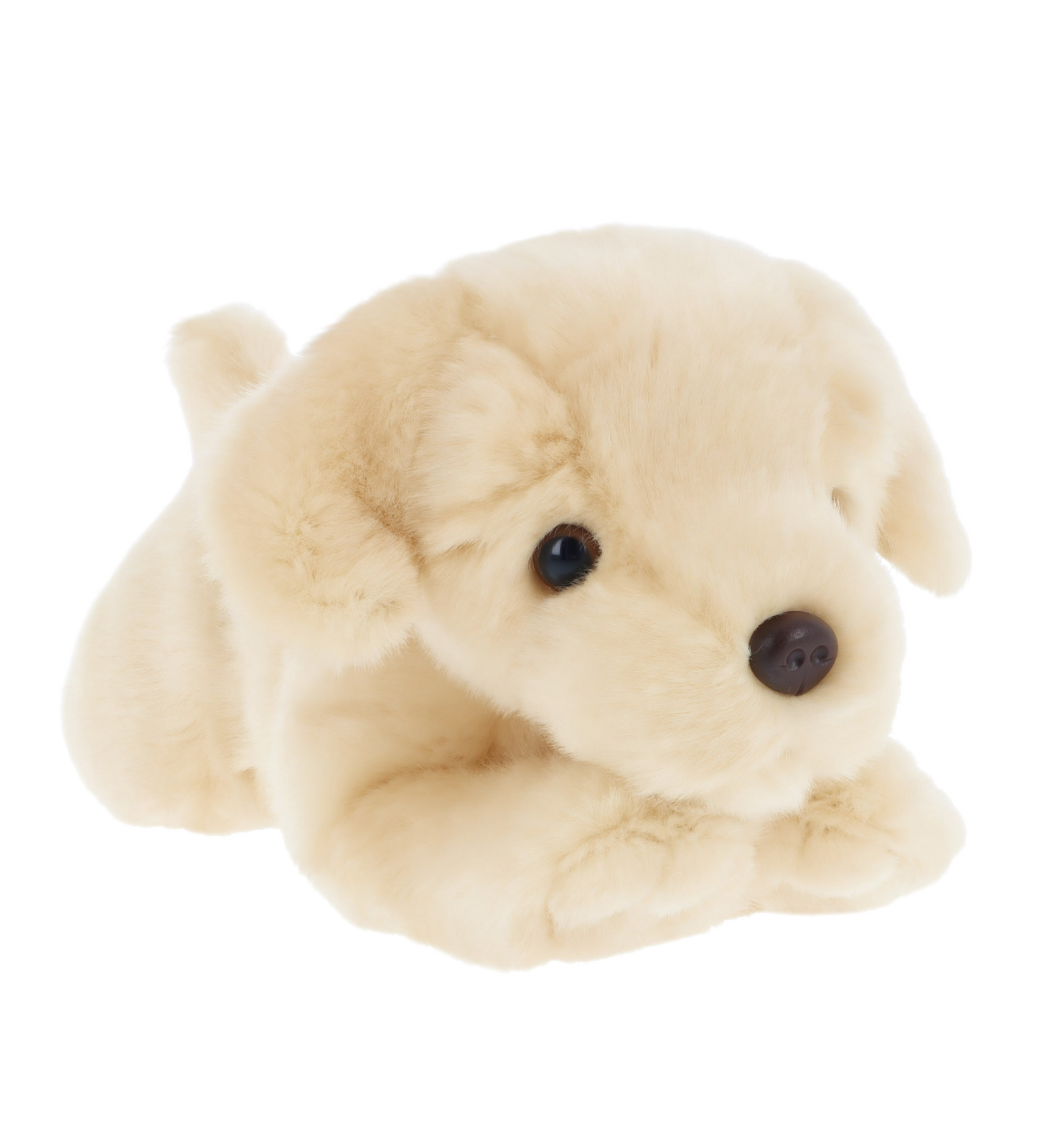 Knuffel puppy labrador - Deze knuffel hond heeft een zachte, blonde of zwarte pluche vacht en ligt in een liggende houding. De hond is voorzien van hangende pluche oren, donkere ogen, een donkere neus en een zachte pluche structuur. - Snelwenskaart