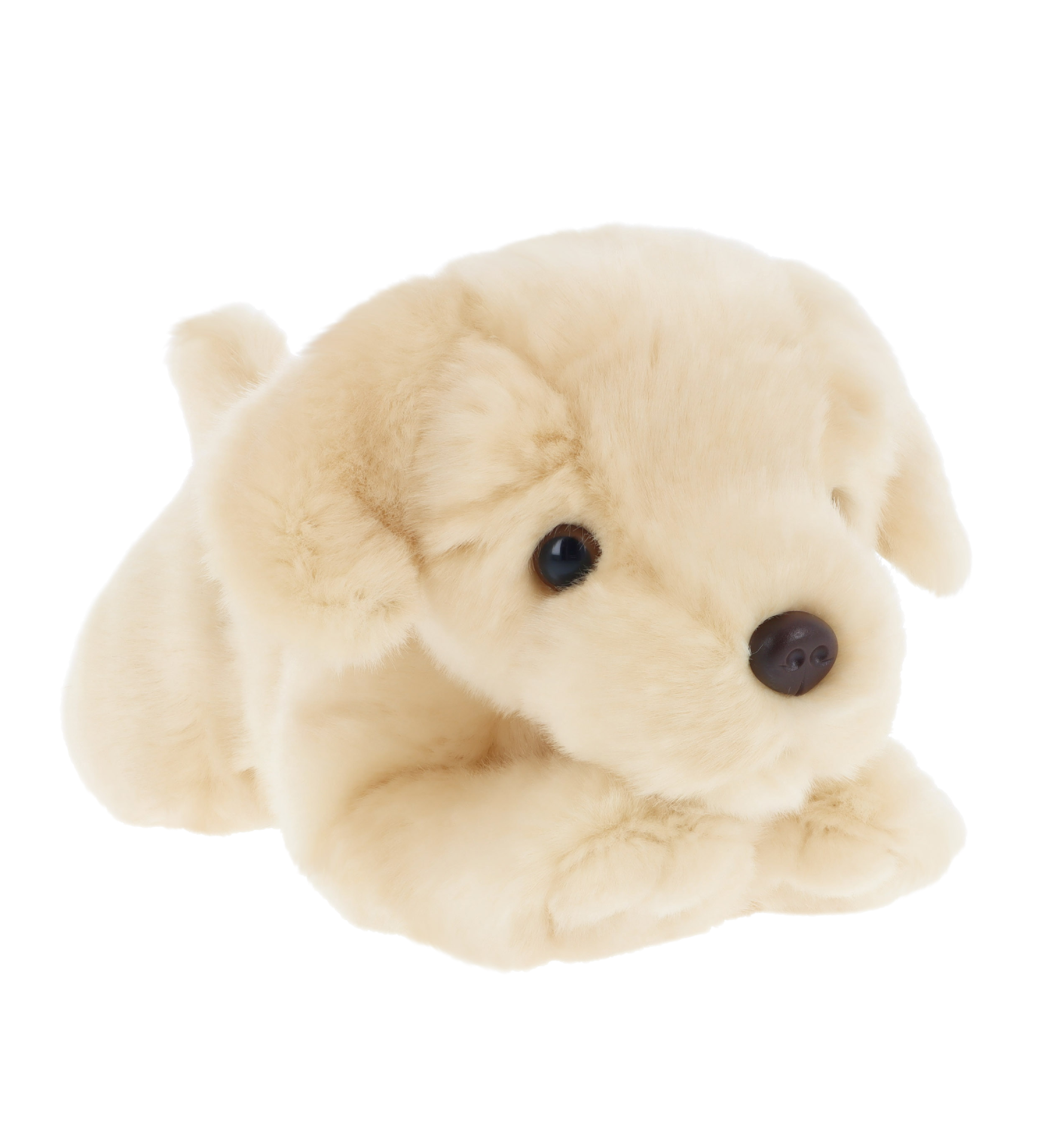 Knuffel puppy labrador - Deze knuffel hond heeft een zachte, blonde of zwarte pluche vacht en ligt in een liggende houding. De hond is voorzien van hangende pluche oren, donkere ogen, een donkere neus en een zachte pluche structuur. - Snelwenskaart
