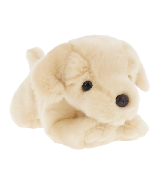 Knuffel puppy labrador - Deze knuffel hond heeft een zachte, blonde of zwarte pluche vacht en ligt in een liggende houding. De hond is voorzien van hangende pluche oren, donkere ogen, een donkere neus en een zachte pluche structuur. - Snelwenskaart