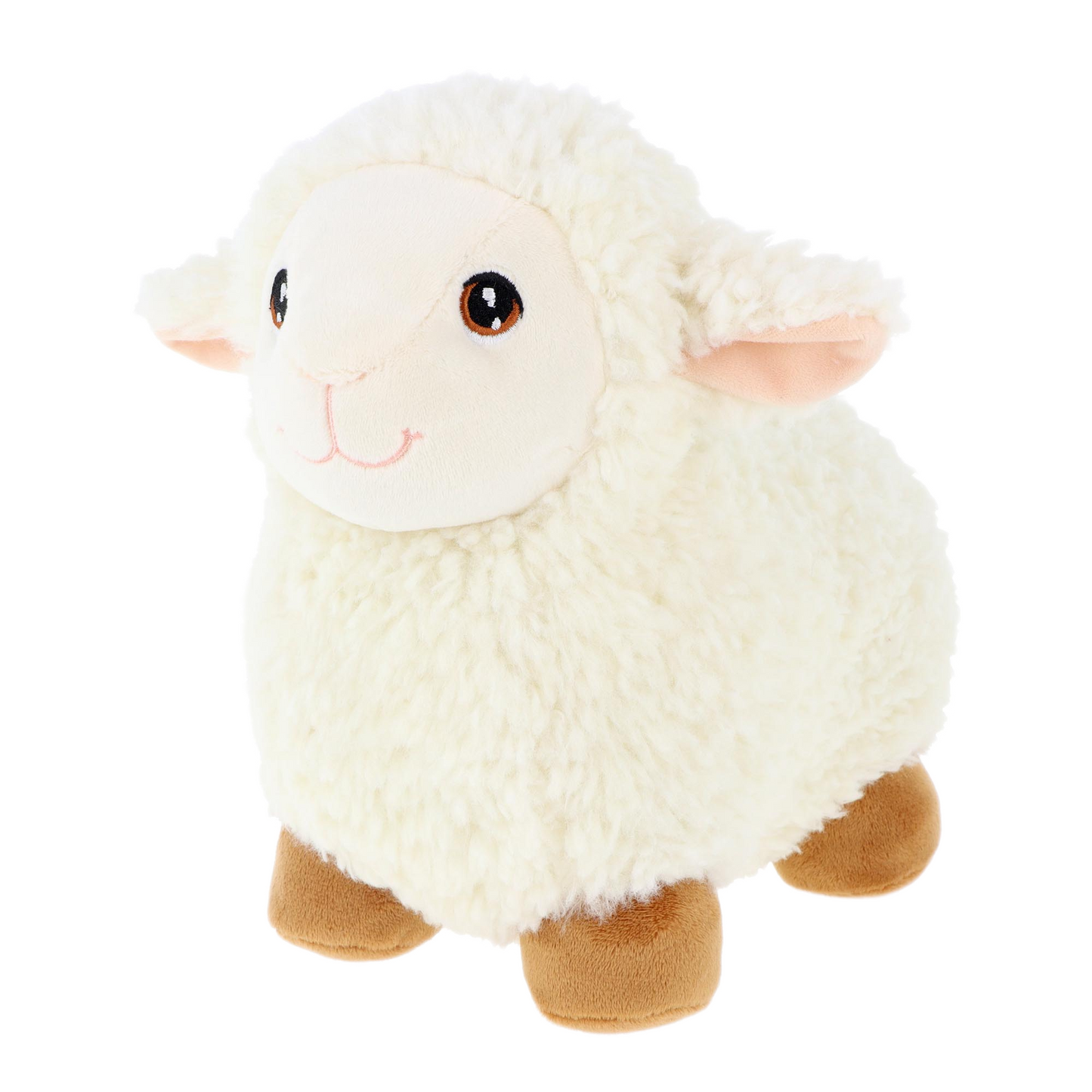 Knuffel schaap - Deze knuffel lam heeft een zachte, romige pluche vacht en staat in een staande houding. Het lam is voorzien van hangende oren met een roze binnenkant, grote donkere ogen met een bruine rand, een subtiel geborduurd mondje en bruine voetjes. - Snelwenskaart