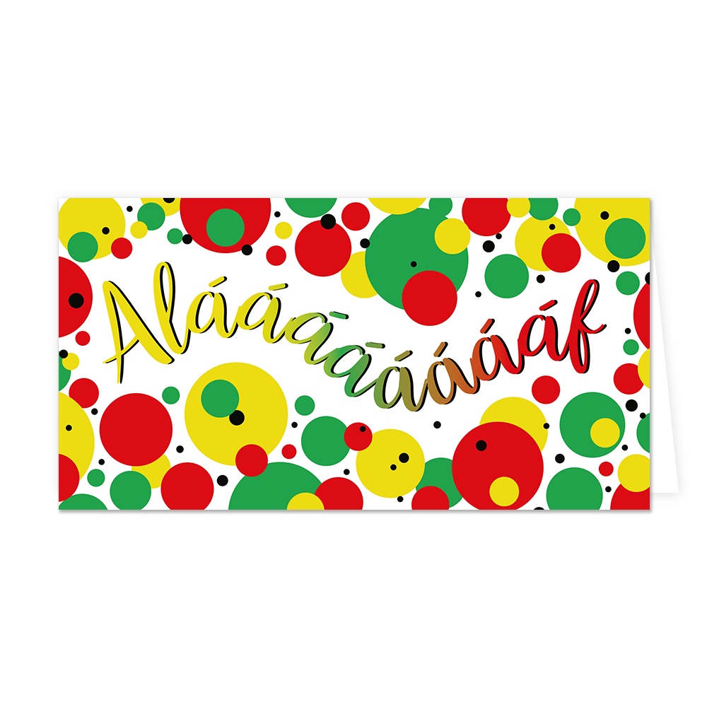 Alaaf - Formaat: Groot - Vorm: Liggend - Carnavalskaart - Op deze carnavalskaart zijn stippent e zien in de kleuren rood, geel en groen met de tekst: "Alaaf!". - Snelwenskaart