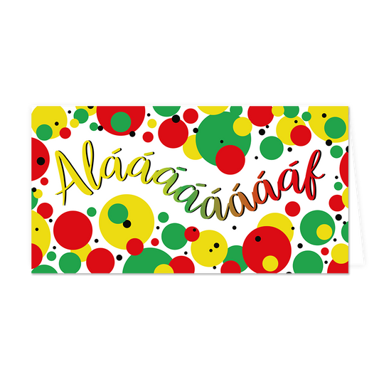 Alaaf - Formaat: Groot - Vorm: Liggend - Carnavalskaart - Op deze carnavalskaart zijn stippent e zien in de kleuren rood, geel en groen met de tekst: "Alaaf!". - Snelwenskaart