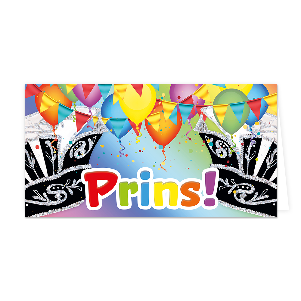 Prins! - Formaat: Groot - Vorm: Liggend - Carnavalskaart - Op deze wenskaart staat de tekst "Prins!" centraal in grote, kleurrijke letters tegen een feestelijke achtergrond vol ballonnen en slingers. Aan de linker- en rechterzijde zijn twee traditionele zwarte carnavalssteken met zilveren versieringen afgebeeld die het middenvlak omlijsten. De scène wordt verlevendigd door zwevende ballonnen in diverse kleuren, wapperende vlaggetjes en verspreide confetti op een kleurrijk verlopende achtergrond. - Snelwens